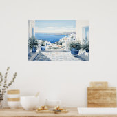 牧歌的なギリシャの島:デジタルウォーターカラーアートプリント ポスター (キッチン)