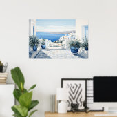 牧歌的なギリシャの島:デジタルウォーターカラーアートプリント ポスター (ホームオフィス)