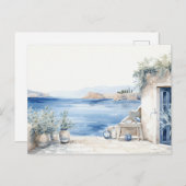 牧歌的なギリシャの島：デジタルウォーターカラーアートプリント ポストカード (正面/裏面)
