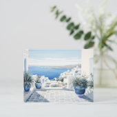 牧歌的なギリシャの島：デジタルウォーターカラーアートプリント ポストカード (スタンド正面)