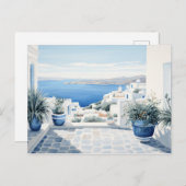 牧歌的なギリシャの島：デジタルウォーターカラーアートプリント ポストカード (正面/裏面)