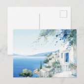 牧歌的なギリシャの島：デジタルウォーターカラーアートプリント ポストカード (正面/裏面)