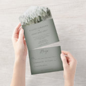 牧歌的な山霧の森の緑のディナーのないウェディング オールインワン招待状 (貼ってはがせる)