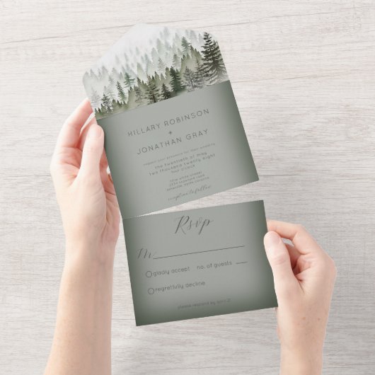 牧歌的な山霧の森の緑のディナーのないウェディング オールインワン招待状 (貼ってはがせる)