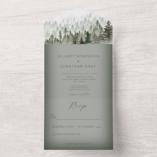 牧歌的な山霧の森の緑のディナーのないウェディング オールインワン招待状 (内側)