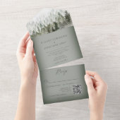 牧歌的な山霧の森の緑のQRコード オールインワン招待状 (貼ってはがせる)