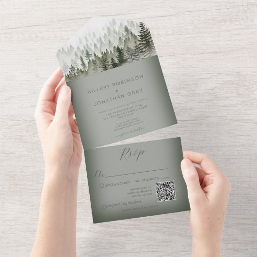牧歌的な山霧の森の緑のQRコード オールインワン招待状 (貼ってはがせる)
