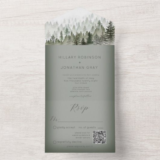 牧歌的な山霧の森の緑のQRコード オールインワン招待状 (内側)