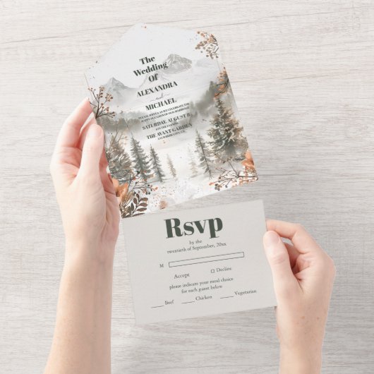 牧歌的な水の色の山の冬の森結婚の オールインワン招待状 (貼ってはがせる)