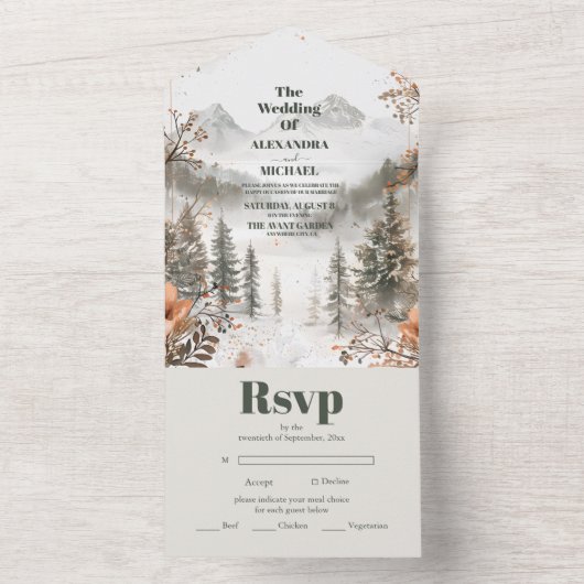 牧歌的な水の色の山の冬の森結婚の オールインワン招待状 (内側)