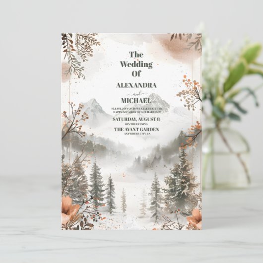 牧歌的な水の色の山の冬の森結婚の 招待状 (スタンド正面)