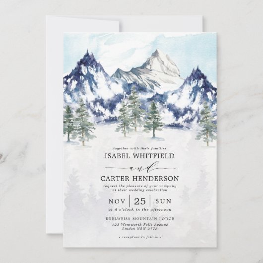 牧歌的な水の色の山の冬の森結婚の 招待状 (正面)
