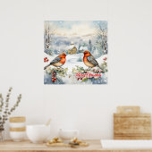 牧歌的な水の色クリスマタスのシーン2つのロビン ポスター (キッチン)