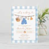 牧歌的な秋のカボチャの服を干す少年ベイビーシャワー 招待状 (スタンド正面)