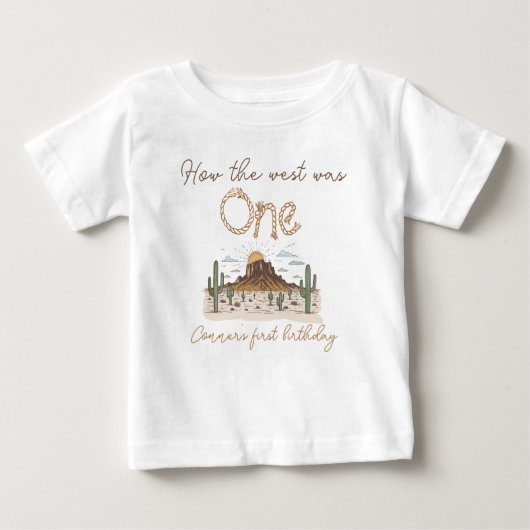 牧歌的な茶色 西部を開拓して1歳になりました 1歳の誕生日 ベビーTシャツ (正面)