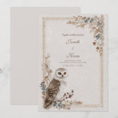 牧歌的な雪原のフクロウの冬の森の結婚式 招待状 (正面/裏面)