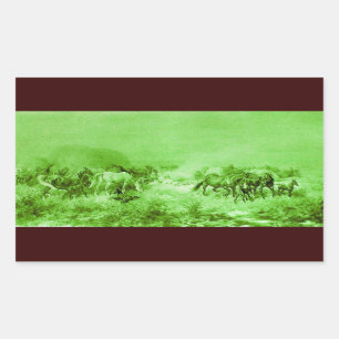 牧草を食べている馬薄緑のアンティーク 長方形シール