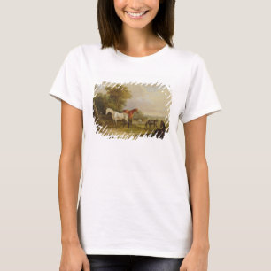牧草を食べている馬: ロバと牧草を食べている灰色の種馬 Tシャツ