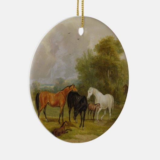 牧草を食べている馬: 分野(油のロバそして子馬 セラミックオーナメント (右)