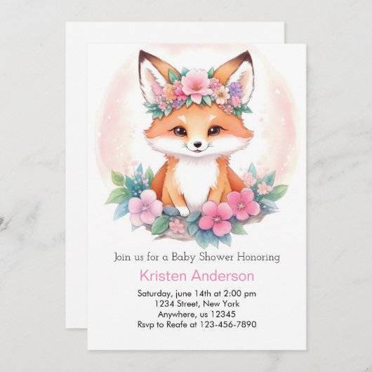 牧草地お洒落キツネピンクボホガール赤ちゃんシャワー 招待状 (正面/裏面)