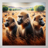 牧草地で三匹のサルが戯れる ポスター (正面)