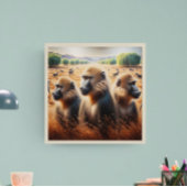 牧草地で三匹のサルが戯れる ポスター