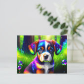 牧草地で可愛いベルネーゼの山犬の子犬 ポストカード (スタンド正面)