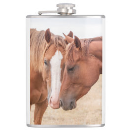 牧草地で生い茂る馬 フラスク