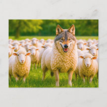 牧草地で羊の間に隠れた狼