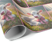 牧草地にピンクの弓を持つ白い子牛 ラッピングペーパー (ロールコーナー)