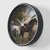 牧草地に二頭の馬 壁時計 (傾斜)