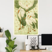 牧草地に五羽のコウノトリ ポスター (ホームオフィス)