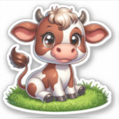 牧草地に座って幸せな牛 シール (正面)