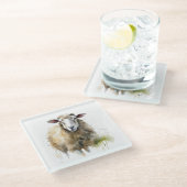 牧草地のふわふわした羊 ガラスコースター (アングル)