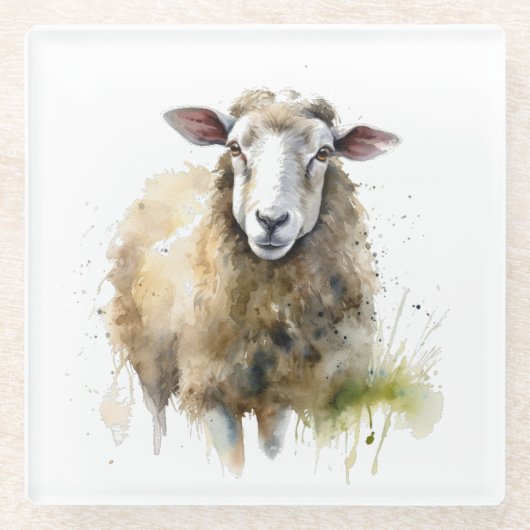 牧草地のふわふわした羊 ガラスコースター (正面)