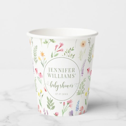 牧草地のカラフル小さな野の花の赤ちゃん女の子シャワー 紙コップ (正面)