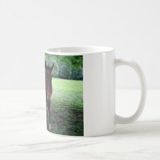 牧草地のダークブラウンの馬 コーヒーマグカップ (右)