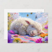 牧草地のピクニック毛布に眠る羊 シーズンポストカード (正面/裏面)