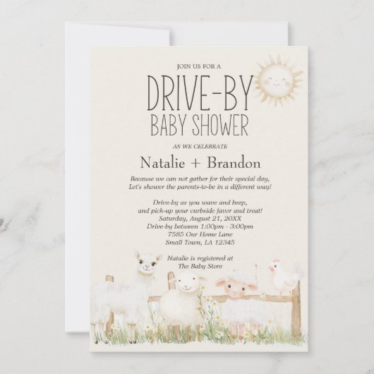 牧草地の友達が車で赤ちゃんシャワーを浴びる 招待状 (正面)