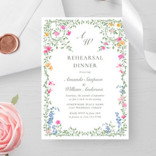 牧草地の水の色ワイルドフラワーリハーサルディナー 招待状