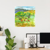 牧草地の牛の動物の水の色絵画の ポスター (ホームオフィス)