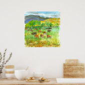 牧草地の牛の動物の水の色絵画の ポスター (キッチン)