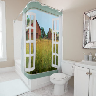 牧草地の納屋の窓の眺め シャワーカーテン