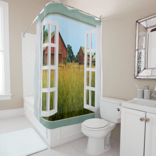牧草地の納屋の窓の眺め シャワーカーテン (インサイチュ)