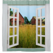 牧草地の納屋の窓の眺め シャワーカーテン (正面)