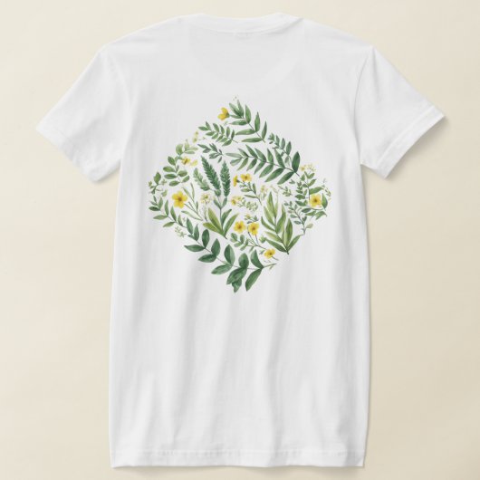 牧草地の花々: 黄色い野の花と緑の葉 Tシャツ (レイダウン裏面)