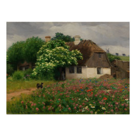 牧草地の花が咲く農家 ポスター
