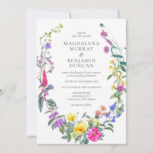 牧草地の花とハーブカラフルフローラ結婚ズ 招待状 (正面)