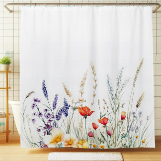 牧草地の花とラベンダー シャワーカーテン