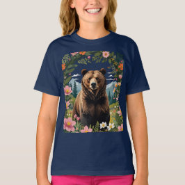 牧草地の花と山々と共にいるヒグマ Tシャツ